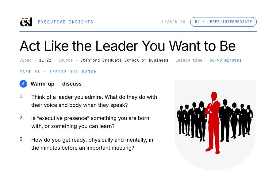 The opening of the Act Like the Leader You Want to Be video lesson: a warm-up discussion before watching