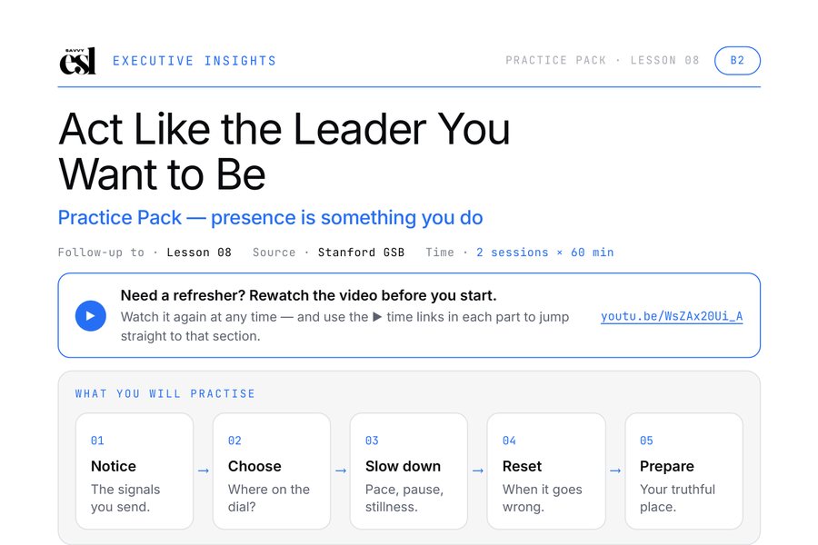 The first page of the Act Like the Leader You Want to Be practice pack, showing five steps to practise